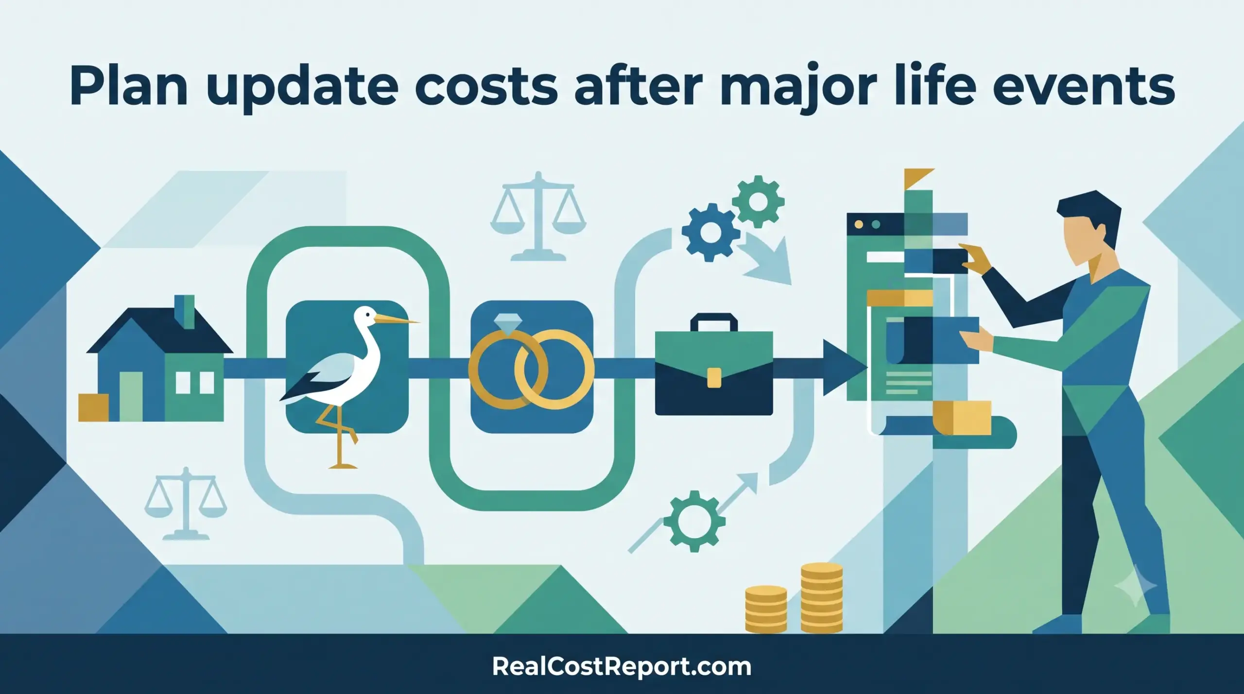 Geometric illustration of a person adjusting a plan, surrounded by life event icons like a house and rings.