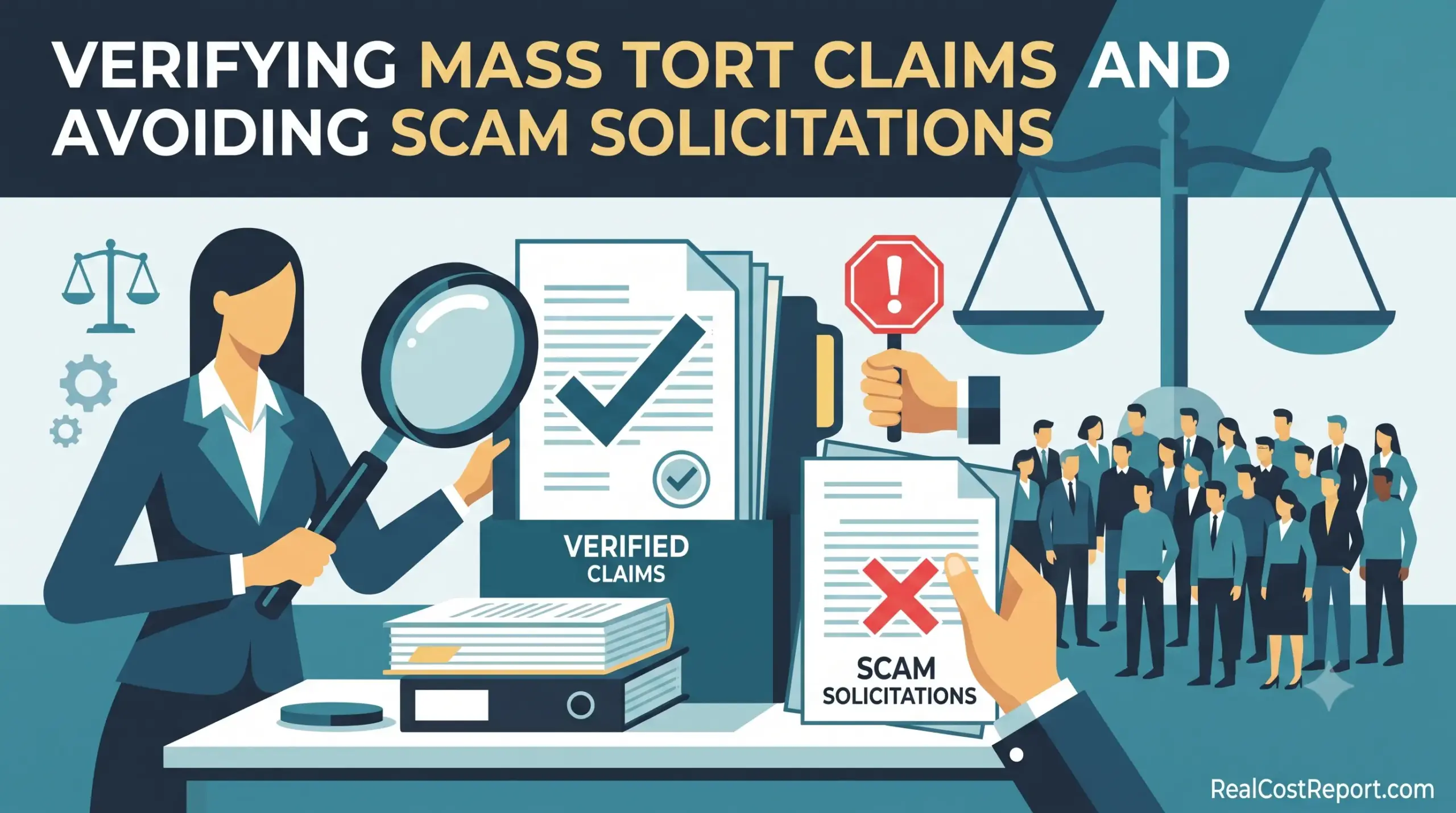 A geometric vector illustration showing a magnifying glass inspecting legal documents, separating valid claims from scam solicitations.
