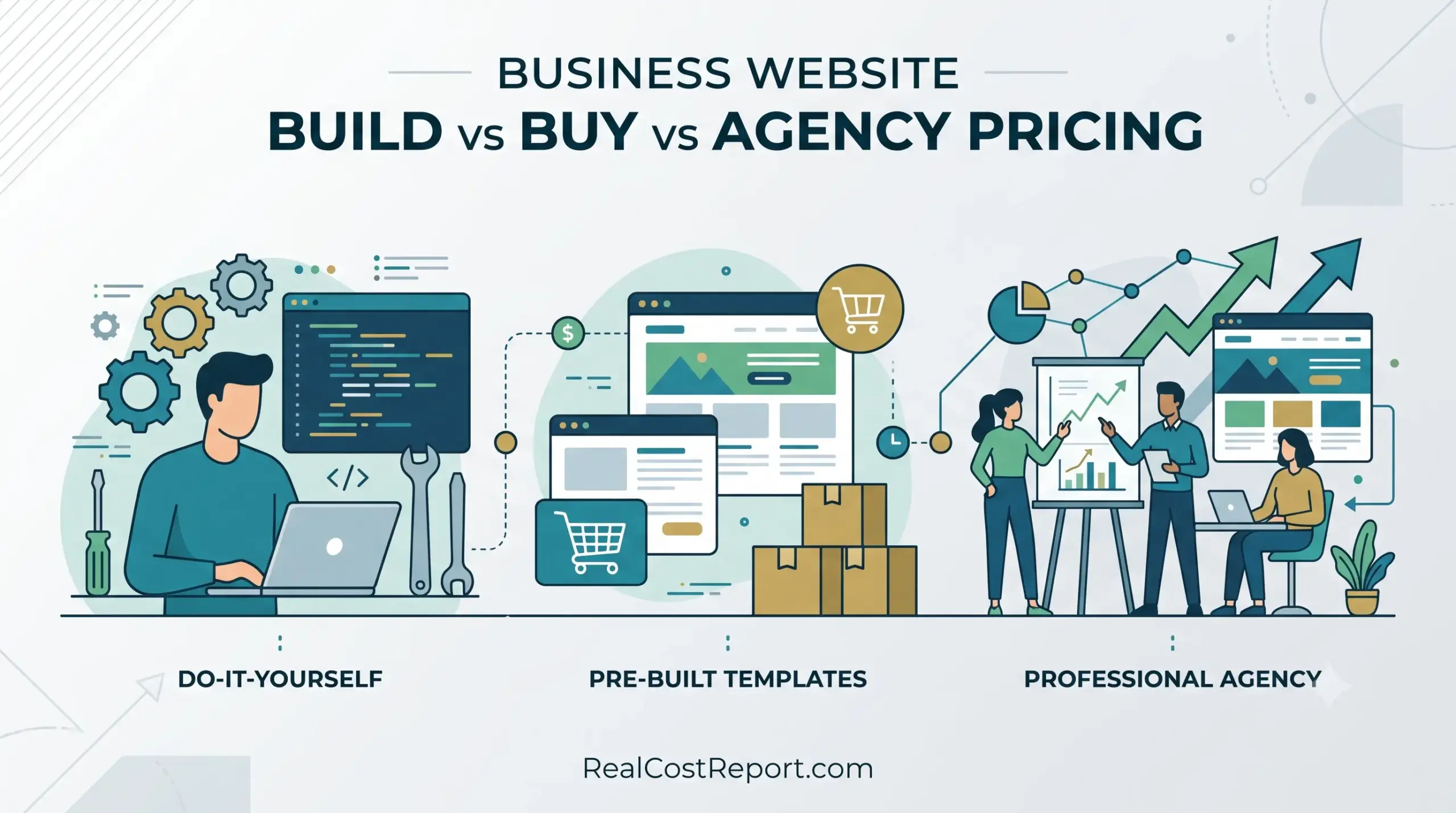 A modern geometric illustration comparing DIY website building, pre-built templates, and agency services for business.
