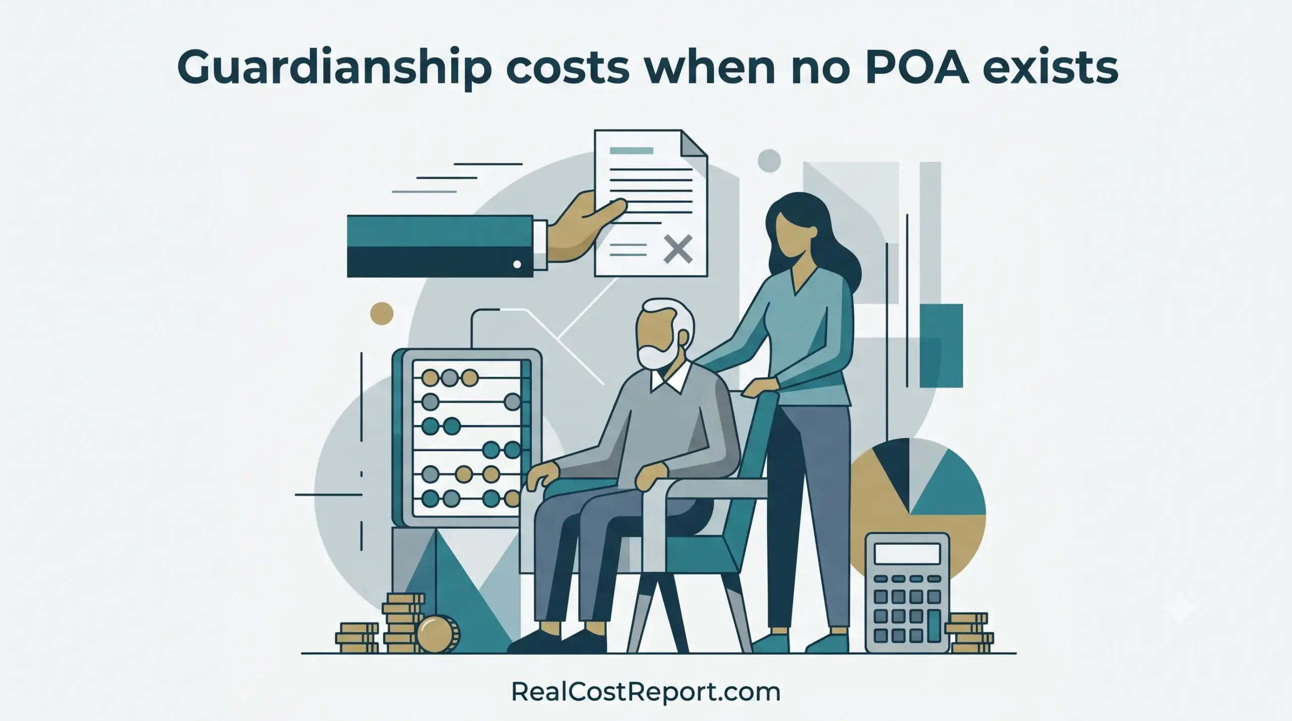 Vector illustration of an elderly person and guardian with cost symbols, representing guardianship costs without a power of attorney.