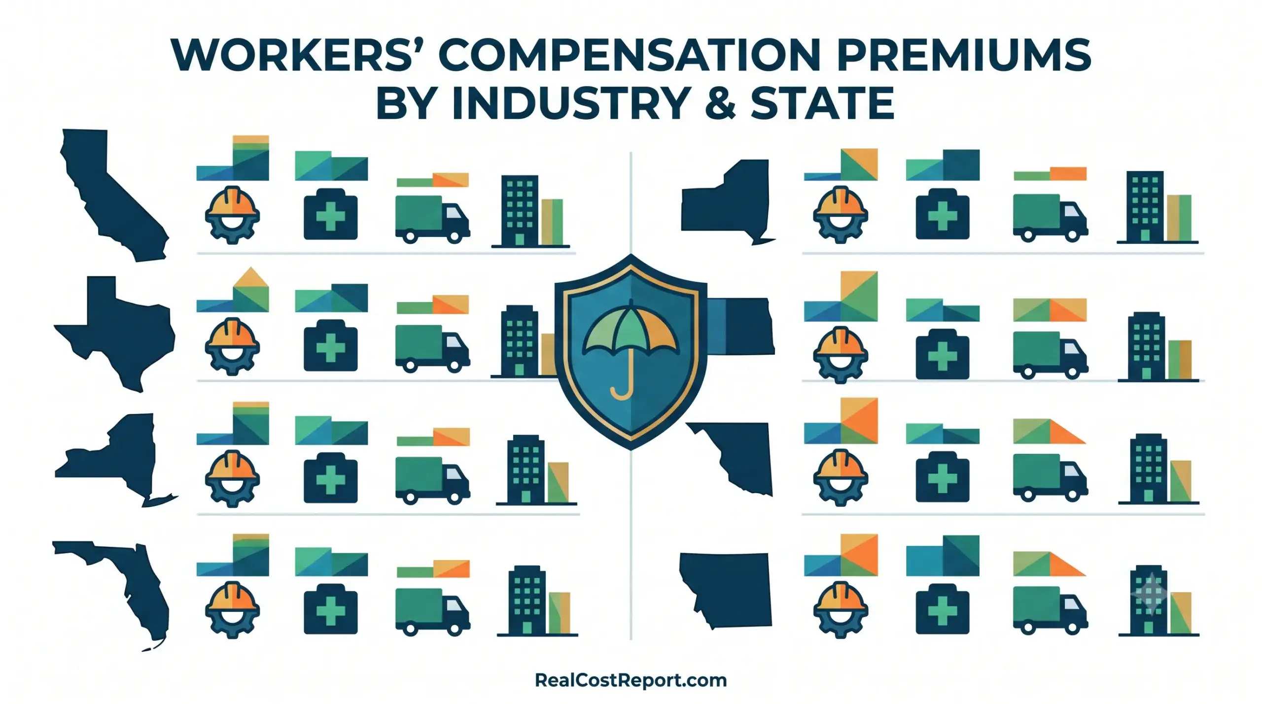 An illustrative data visualization showing rows of industry icons next to US state maps, under the title 'Workers' Compensation Premiums by Industry & State,' for RealCostReport.com.
