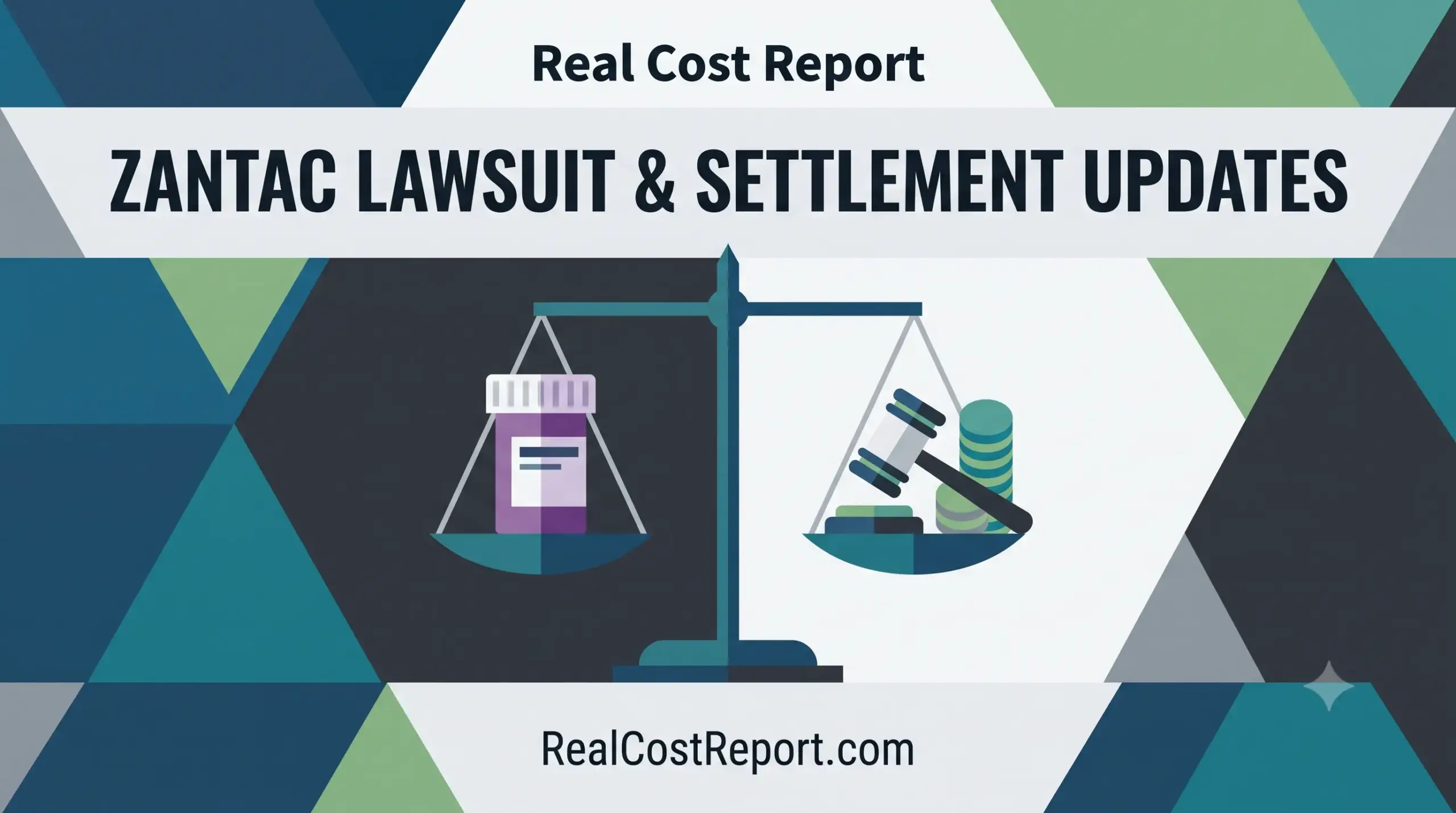 A geometric illustration with a headline about Zantac lawsuits, featuring scales balancing a medicine bottle against a gavel and money.
